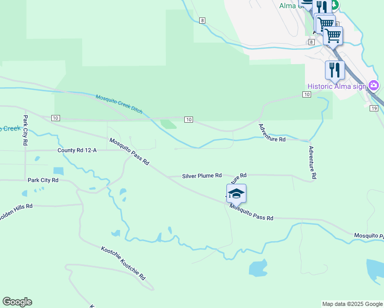 map of restaurants, bars, coffee shops, grocery stores, and more near 232 Gold Run Road in Fairplay