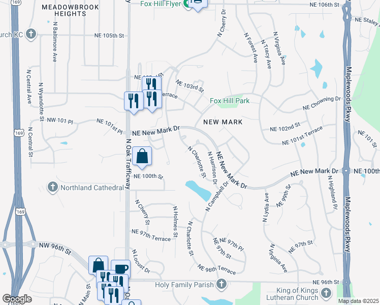 map of restaurants, bars, coffee shops, grocery stores, and more near 721 Northeast 100 Terrace in Kansas City
