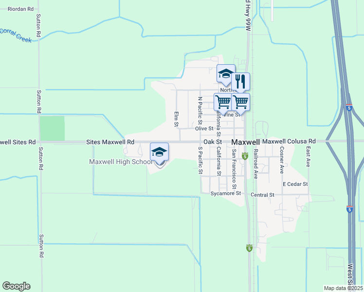 map of restaurants, bars, coffee shops, grocery stores, and more near 385 Oak Street in Colusa