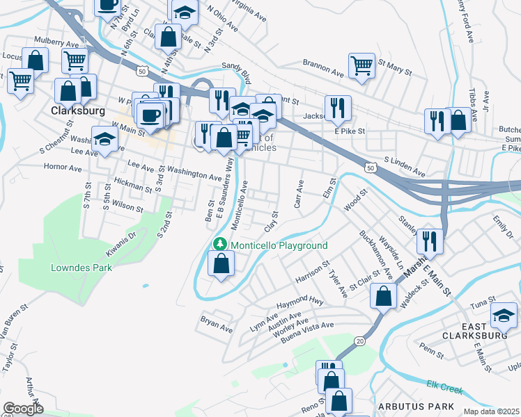 map of restaurants, bars, coffee shops, grocery stores, and more near 134 Thompson Street in Clarksburg