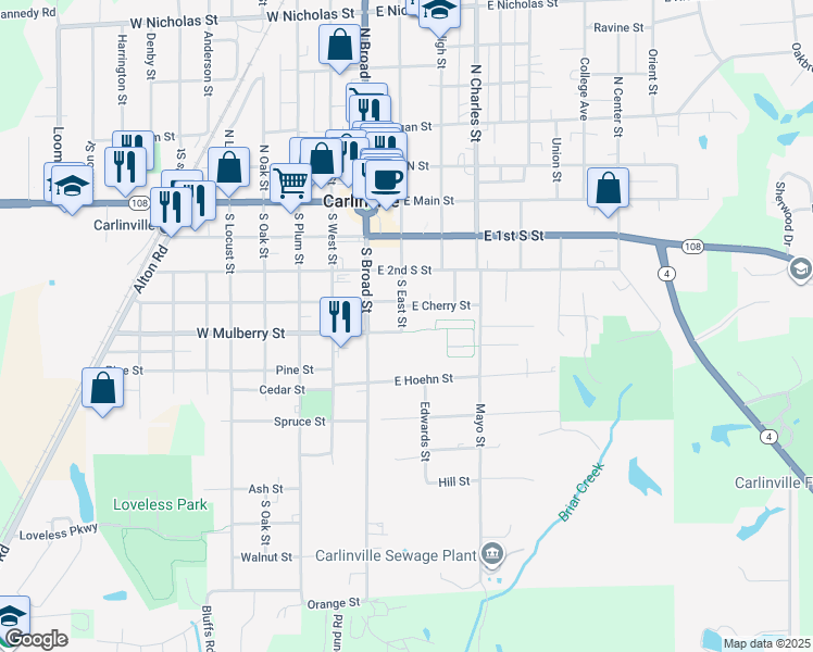 map of restaurants, bars, coffee shops, grocery stores, and more near 425 South East Street in Carlinville