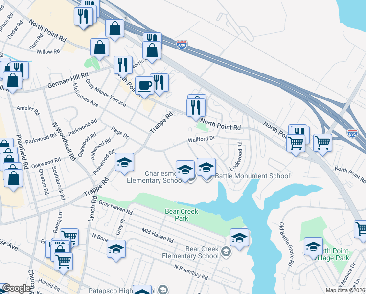map of restaurants, bars, coffee shops, grocery stores, and more near 3129 Wallford Drive in Dundalk