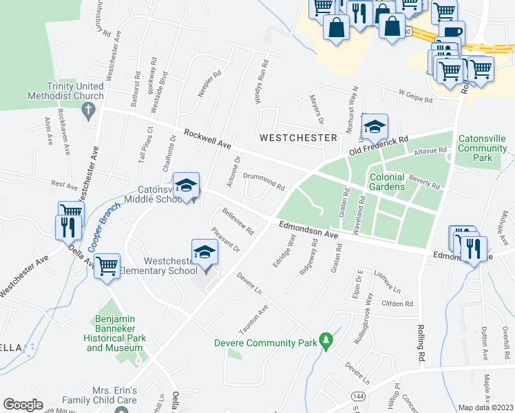 map of restaurants, bars, coffee shops, grocery stores, and more near 319 Wessling Circle in Catonsville