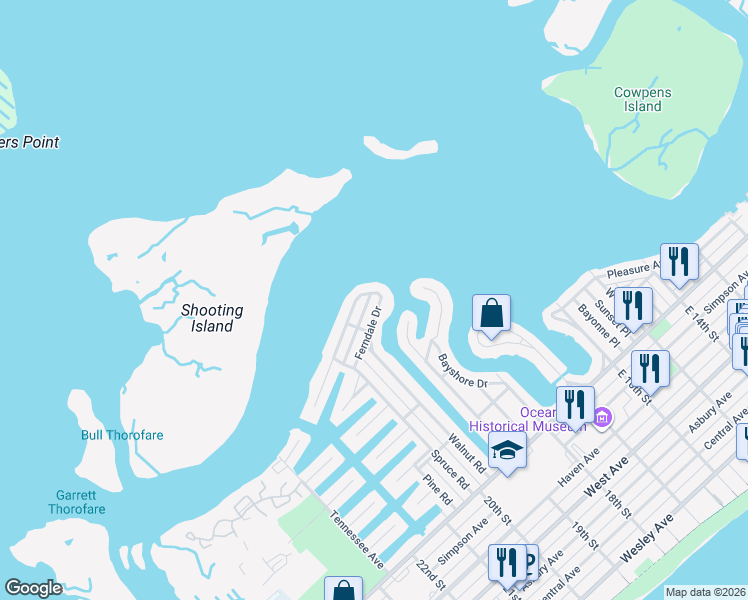 map of restaurants, bars, coffee shops, grocery stores, and more near 1900 Ferndale Drive in Ocean City