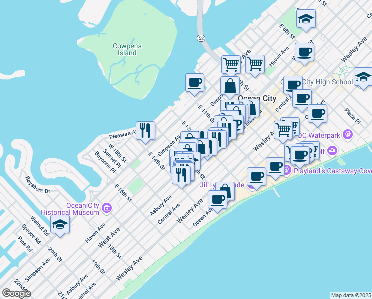 map of restaurants, bars, coffee shops, grocery stores, and more near 1243 Haven Avenue in Ocean City