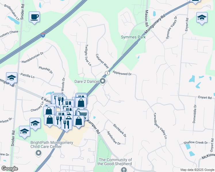 map of restaurants, bars, coffee shops, grocery stores, and more near 8735 Redcloud Court in Cincinnati
