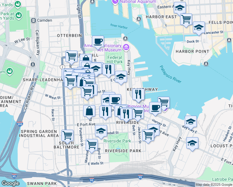 map of restaurants, bars, coffee shops, grocery stores, and more near 410 Sanders Street in Baltimore
