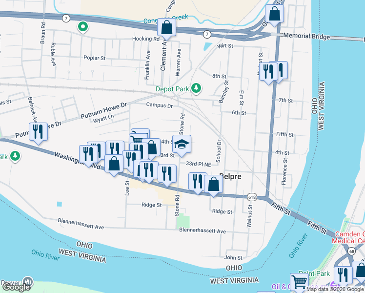 map of restaurants, bars, coffee shops, grocery stores, and more near 307 Stone Rd in Belpre