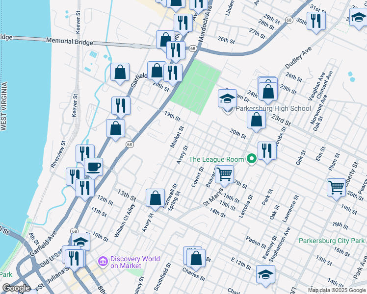map of restaurants, bars, coffee shops, grocery stores, and more near 1721 Avery Street in Parkersburg