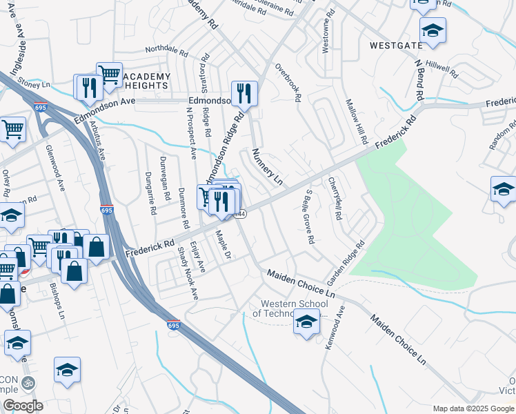 map of restaurants, bars, coffee shops, grocery stores, and more near 6339 Frederick Road in Catonsville