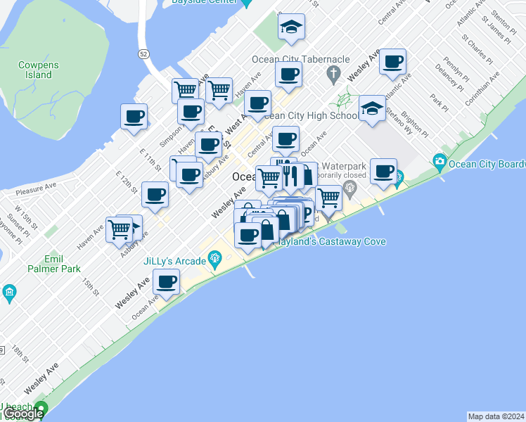 map of restaurants, bars, coffee shops, grocery stores, and more near 901 Ocean Avenue in Ocean City