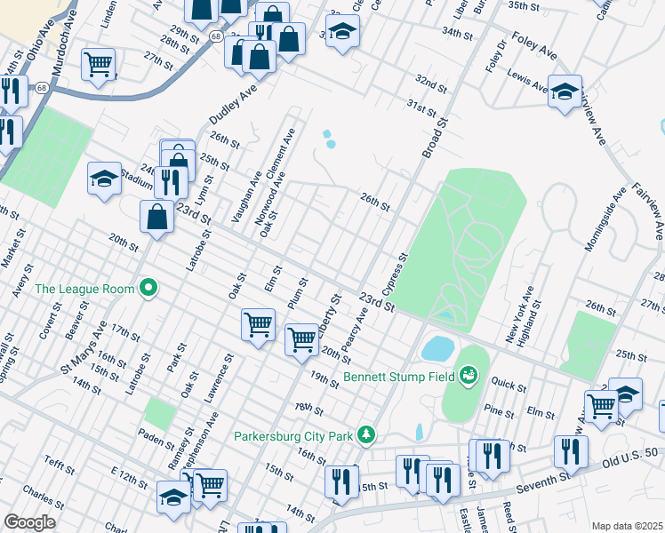 map of restaurants, bars, coffee shops, grocery stores, and more near 2309 Liberty Street in Parkersburg