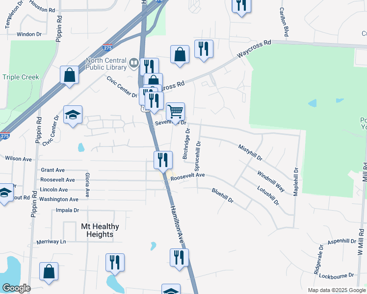 map of restaurants, bars, coffee shops, grocery stores, and more near 10897 Birchridge Drive in Cincinnati