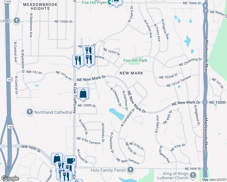 map of restaurants, bars, coffee shops, grocery stores, and more near 721 Northeast 100 Terrace in Kansas City