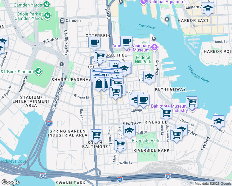 map of restaurants, bars, coffee shops, grocery stores, and more near Light St & E West St in Baltimore