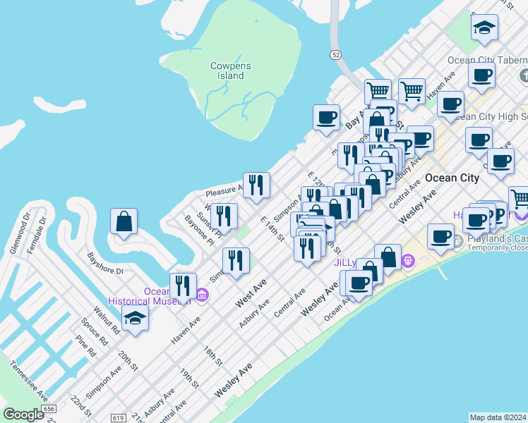 map of restaurants, bars, coffee shops, grocery stores, and more near 1359 Bay Avenue in Ocean City