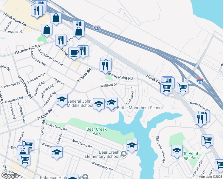 map of restaurants, bars, coffee shops, grocery stores, and more near 7611 Charlesmont Road in Dundalk