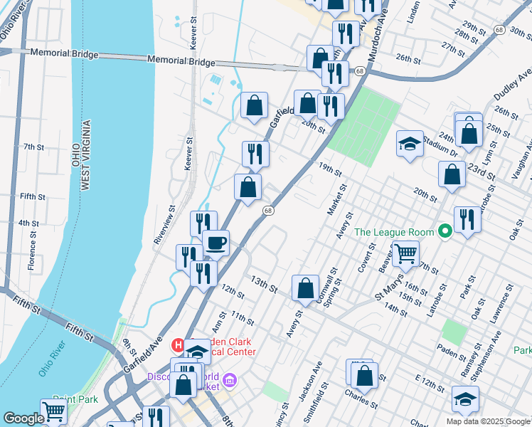 map of restaurants, bars, coffee shops, grocery stores, and more near 1582 Murdoch Avenue in Parkersburg
