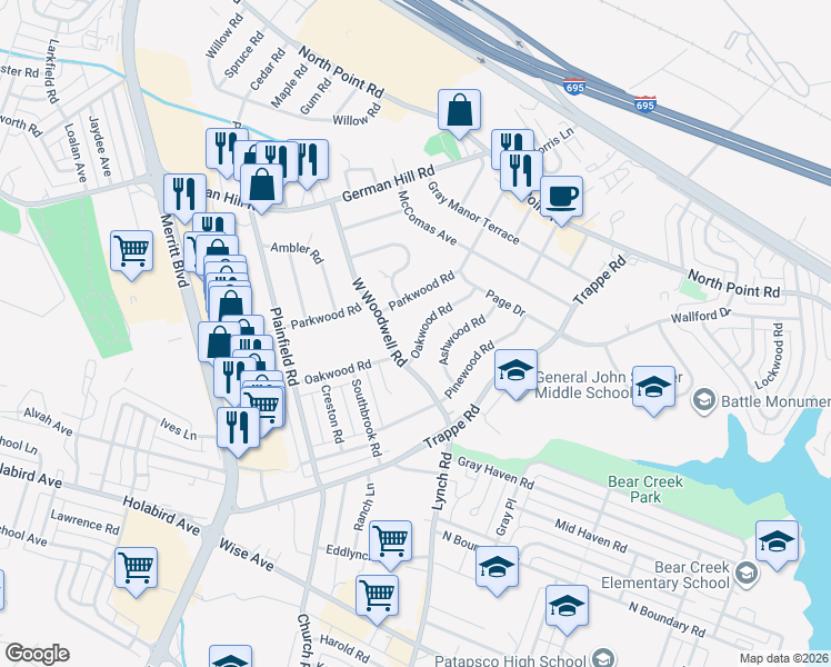 map of restaurants, bars, coffee shops, grocery stores, and more near 227 Oakwood Road in Dundalk