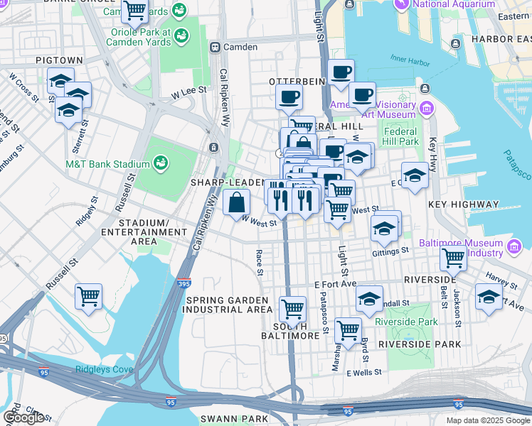 map of restaurants, bars, coffee shops, grocery stores, and more near 1125 Race Street in Baltimore