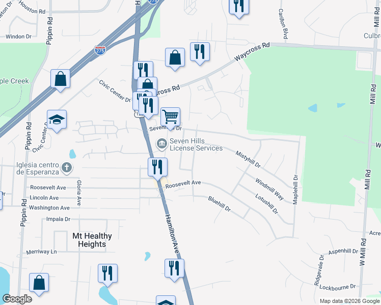 map of restaurants, bars, coffee shops, grocery stores, and more near 10883 Sprucehill Drive in Cincinnati