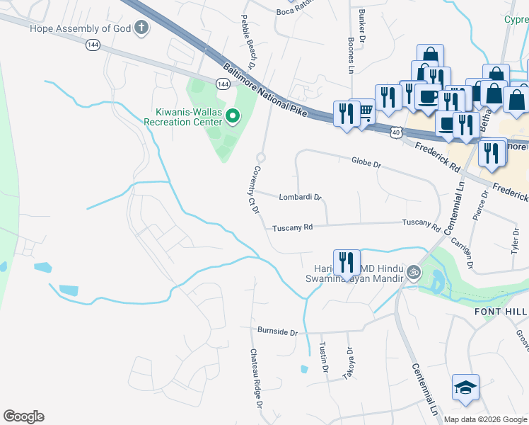 map of restaurants, bars, coffee shops, grocery stores, and more near 3415 Coventry Court Drive in Ellicott City