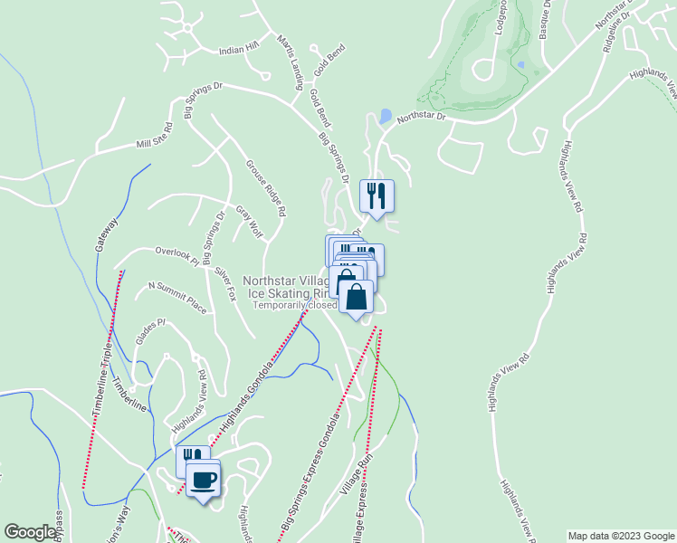 map of restaurants, bars, coffee shops, grocery stores, and more near 43 Village Circle in Truckee