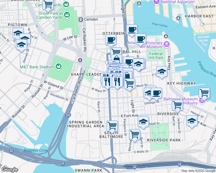 map of restaurants, bars, coffee shops, grocery stores, and more near 1128 South Hanover Street in Baltimore