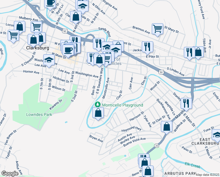 map of restaurants, bars, coffee shops, grocery stores, and more near 114 Thompson Street in Clarksburg