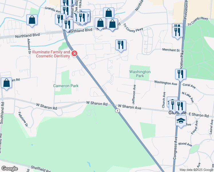 map of restaurants, bars, coffee shops, grocery stores, and more near 11070 Springfield Pike in Springdale