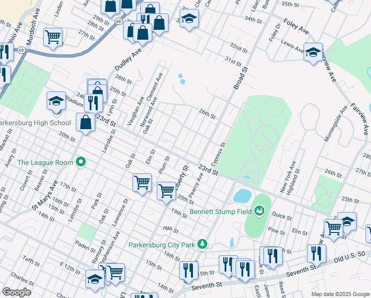 map of restaurants, bars, coffee shops, grocery stores, and more near 2309 Liberty Street in Parkersburg