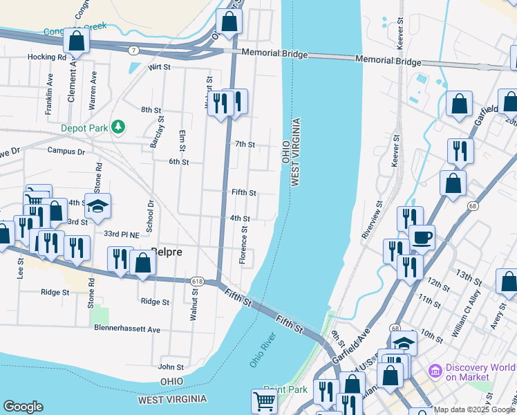 map of restaurants, bars, coffee shops, grocery stores, and more near 412 Oneal Street in Belpre