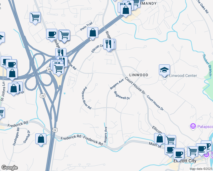 map of restaurants, bars, coffee shops, grocery stores, and more near 3470 Rogers Avenue in Ellicott City