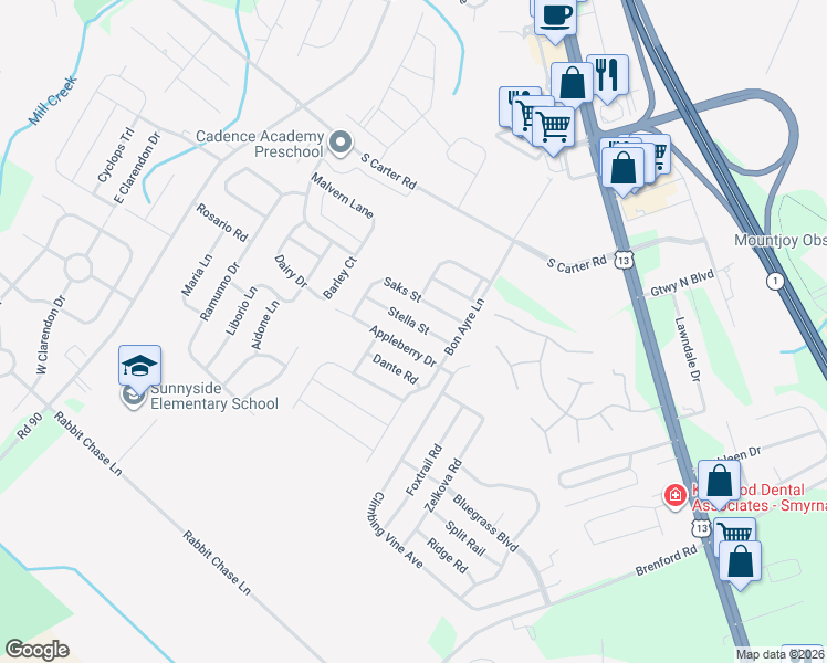 map of restaurants, bars, coffee shops, grocery stores, and more near 825 Stella Street in Smyrna