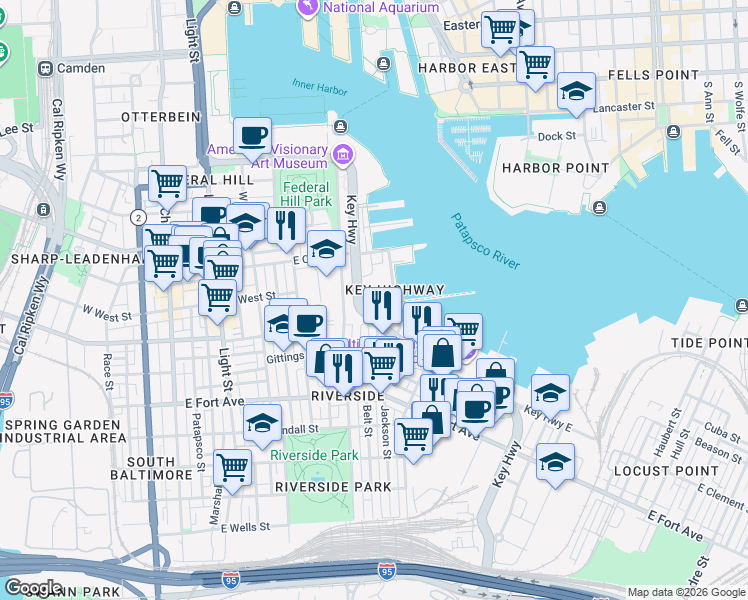 map of restaurants, bars, coffee shops, grocery stores, and more near 1225 Harbor Island Walk in Baltimore