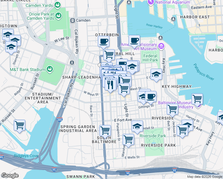 map of restaurants, bars, coffee shops, grocery stores, and more near 1125 South Charles Street in Baltimore