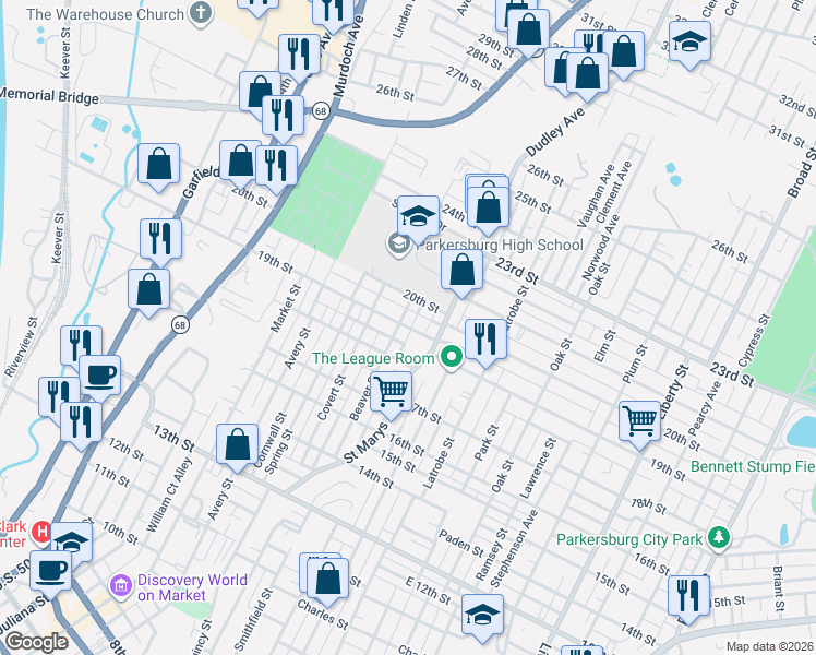 map of restaurants, bars, coffee shops, grocery stores, and more near 1117 19th Street in Parkersburg