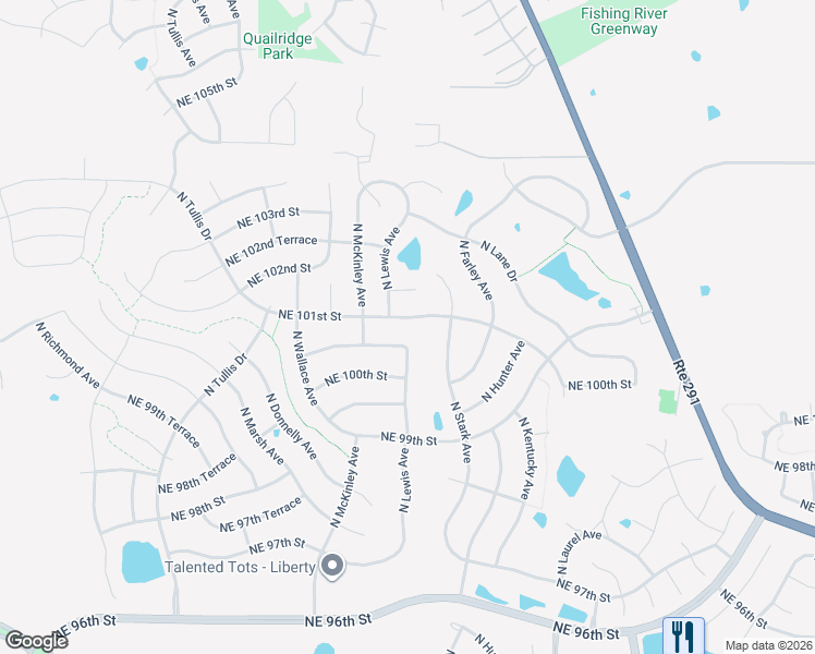 map of restaurants, bars, coffee shops, grocery stores, and more near 8717 Northeast 101st Street in Kansas City