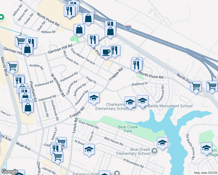 map of restaurants, bars, coffee shops, grocery stores, and more near 3000 Wallford Drive in Dundalk