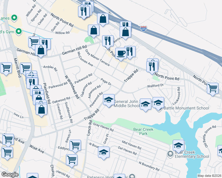 map of restaurants, bars, coffee shops, grocery stores, and more near 200 Pinewood Road in Dundalk