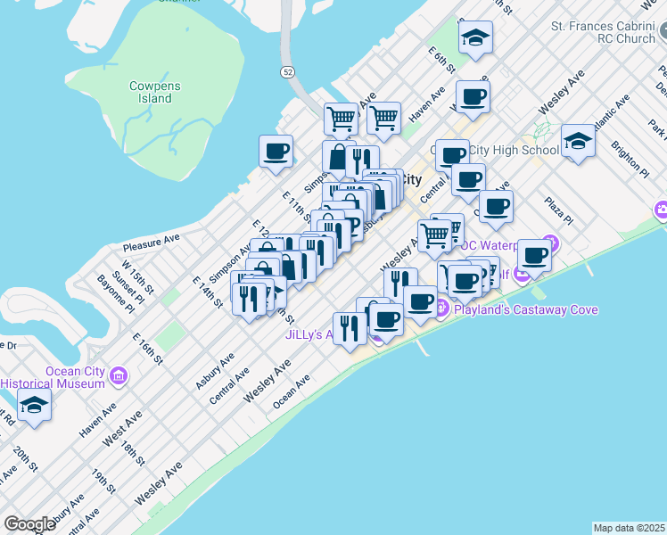 map of restaurants, bars, coffee shops, grocery stores, and more near 1123 Asbury Avenue in Ocean City