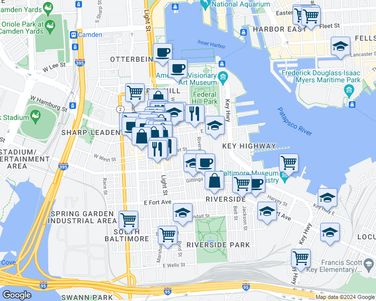 map of restaurants, bars, coffee shops, grocery stores, and more near 1200 Battery Avenue in Baltimore