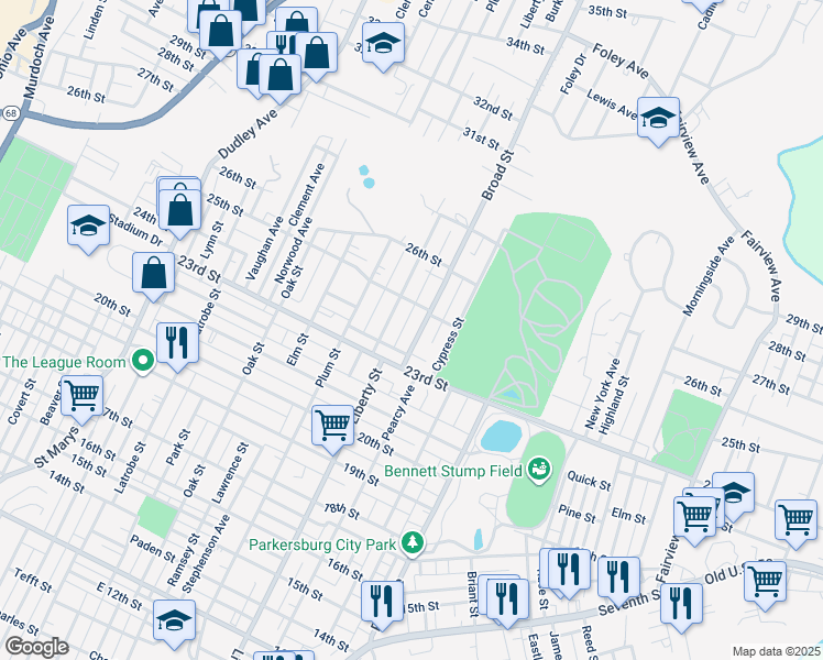 map of restaurants, bars, coffee shops, grocery stores, and more near 2323 Broad St in Parkersburg