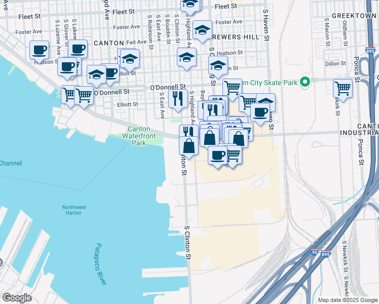 map of restaurants, bars, coffee shops, grocery stores, and more near 3301 Boston Street in Baltimore