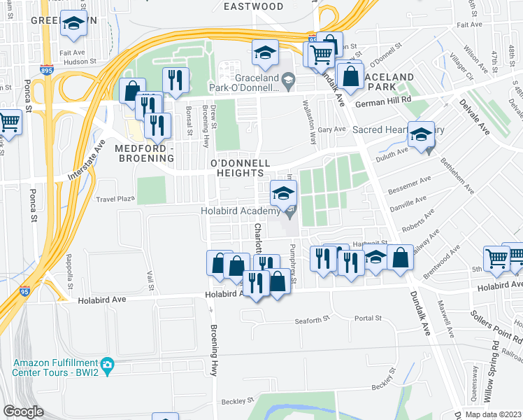 map of restaurants, bars, coffee shops, grocery stores, and more near 1507 Charlotte Avenue in Baltimore