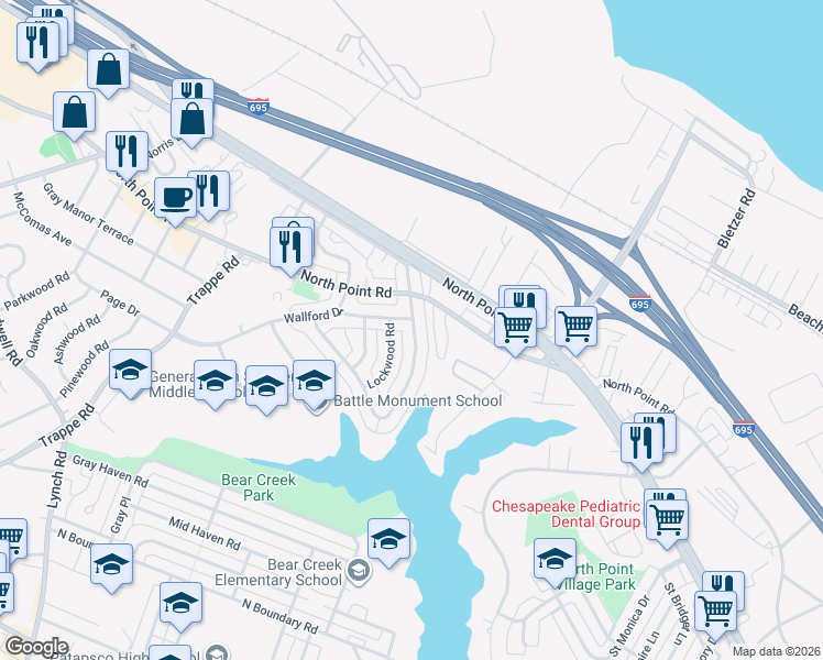map of restaurants, bars, coffee shops, grocery stores, and more near 7908 Charlesmont Road in Dundalk
