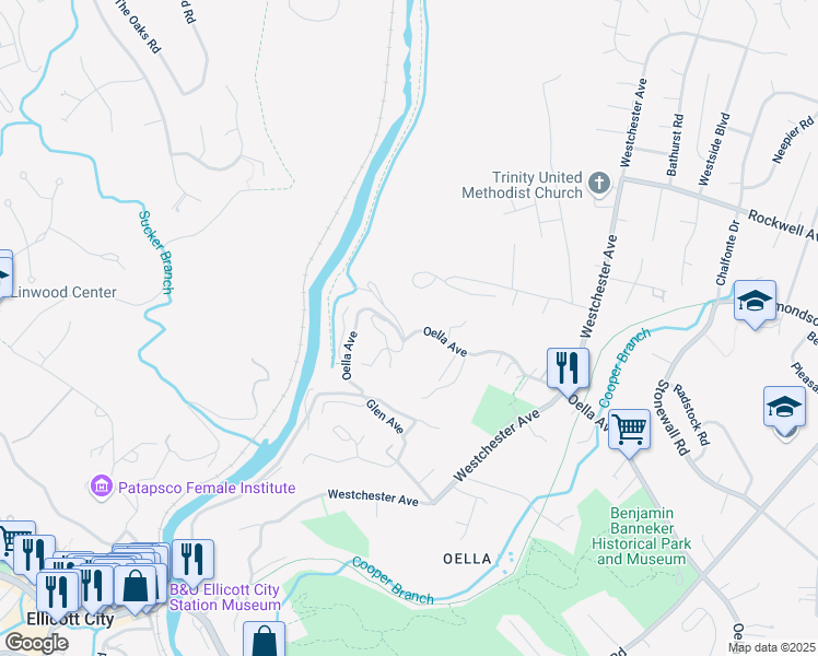 map of restaurants, bars, coffee shops, grocery stores, and more near 530 Oella Avenue in Ellicott City