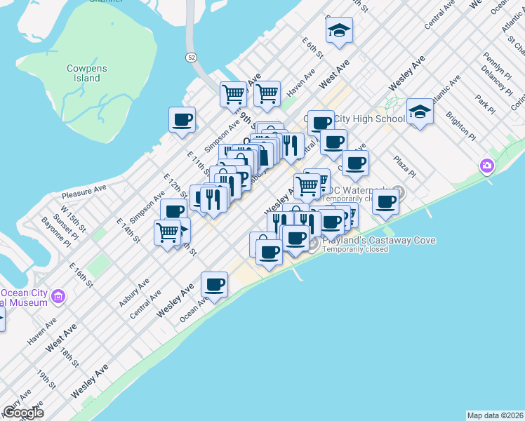 map of restaurants, bars, coffee shops, grocery stores, and more near 1021 Wesley Avenue in Ocean City