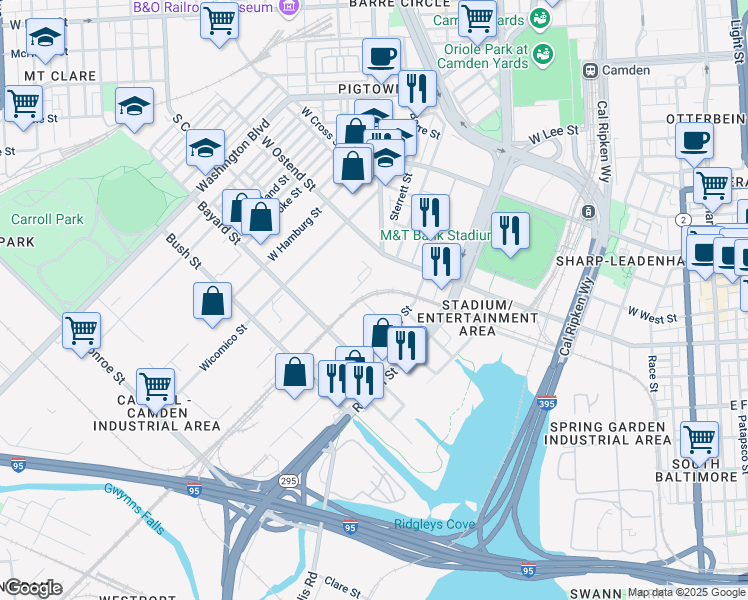 map of restaurants, bars, coffee shops, grocery stores, and more near 1803 Worcester Street in Baltimore