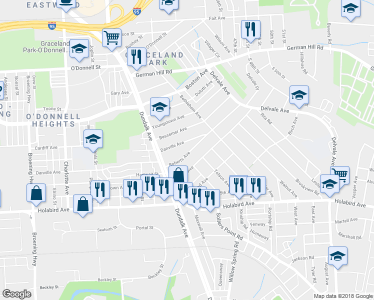 map of restaurants, bars, coffee shops, grocery stores, and more near 6722 Roberts Avenue in Baltimore